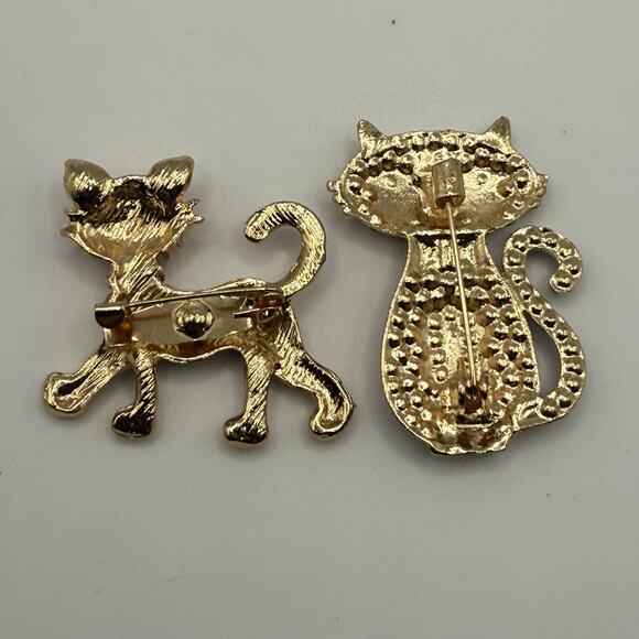 Gold Tone Rhinestone Cat Pins Lot of Two - Picture 2 of 4